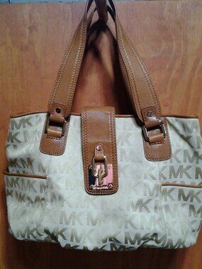 Michael Kors Beige & Tan Jacquard Leather Shoulder Tote Bag